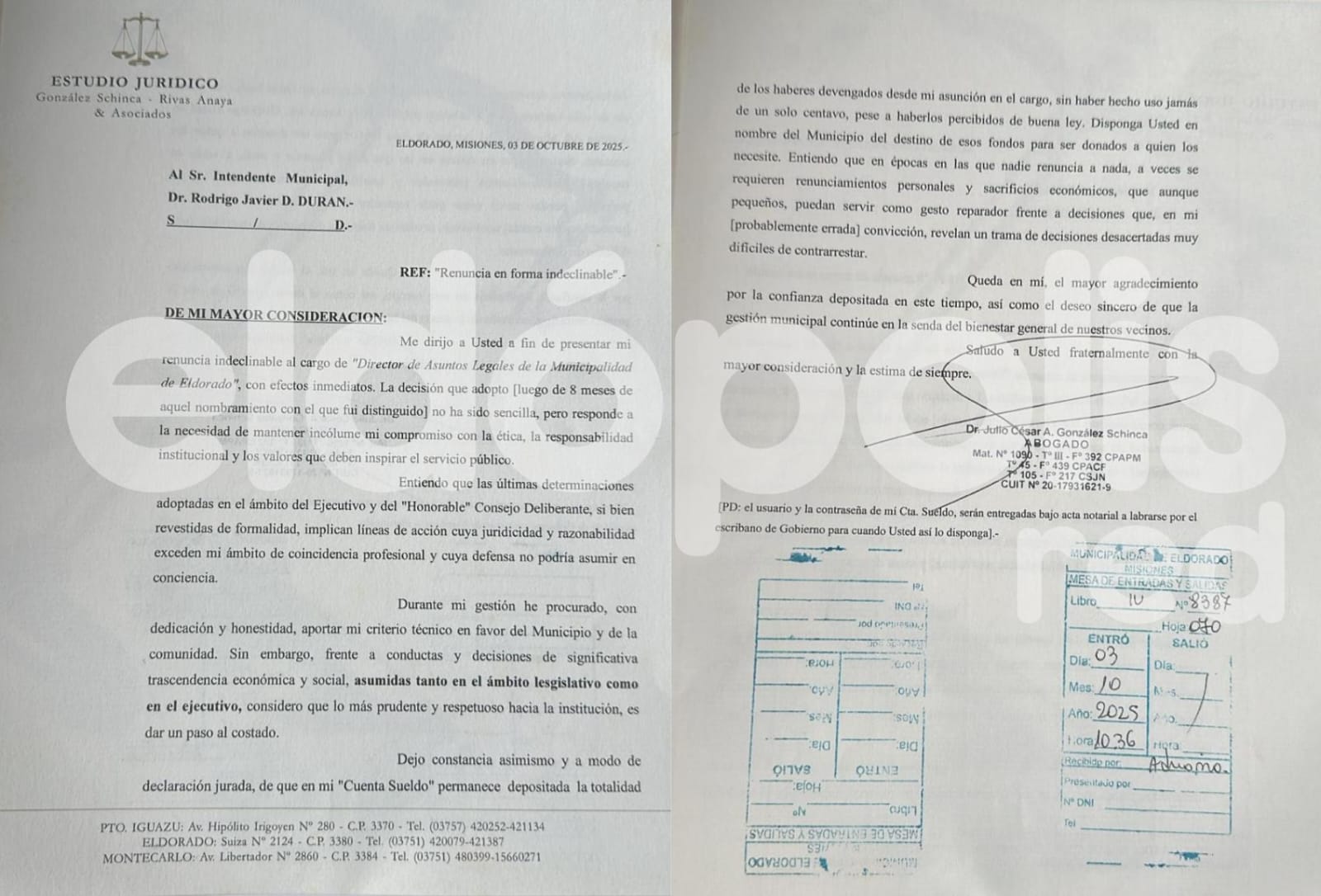 González Schinca renunció como director de Asuntos Legales de la Municipalidad de Eldorado 2