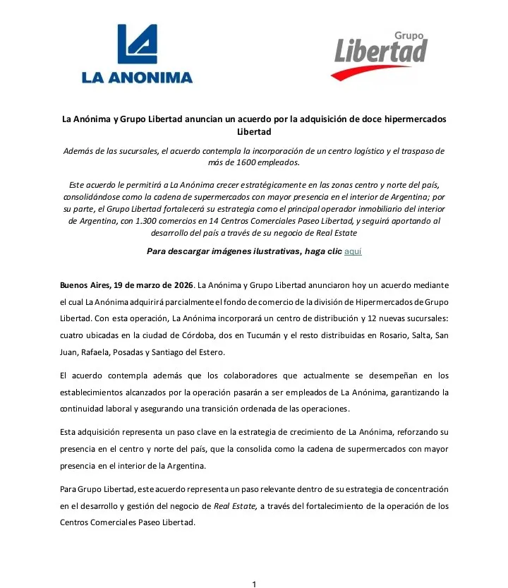 La Anónima compró 12 hipermercados de Libertad, incluida la sucursal Posadas 2