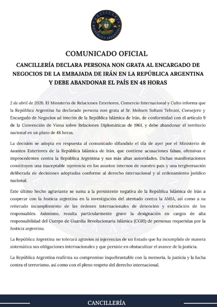 Argentina expulsó al representante de Irán y le dio 48 horas para abandonar el país 2