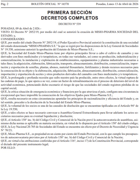 Misiones oficializó la disolución de Misio-Pharma 3