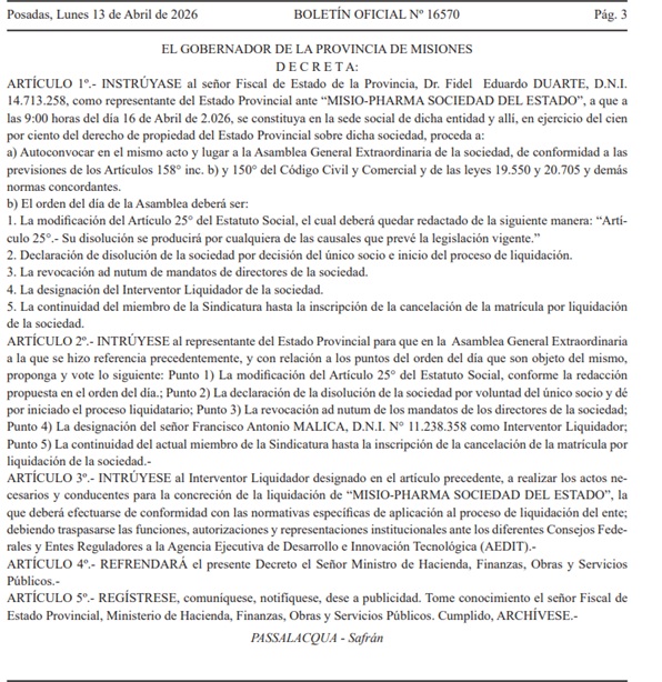 Misiones oficializó la disolución de Misio-Pharma 4