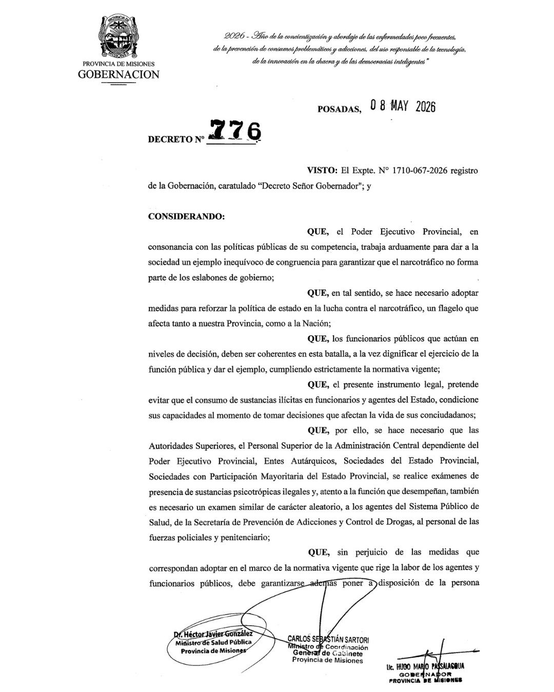 Misiones realizará controles toxicológicos anuales y aleatorios a funcionarios 2