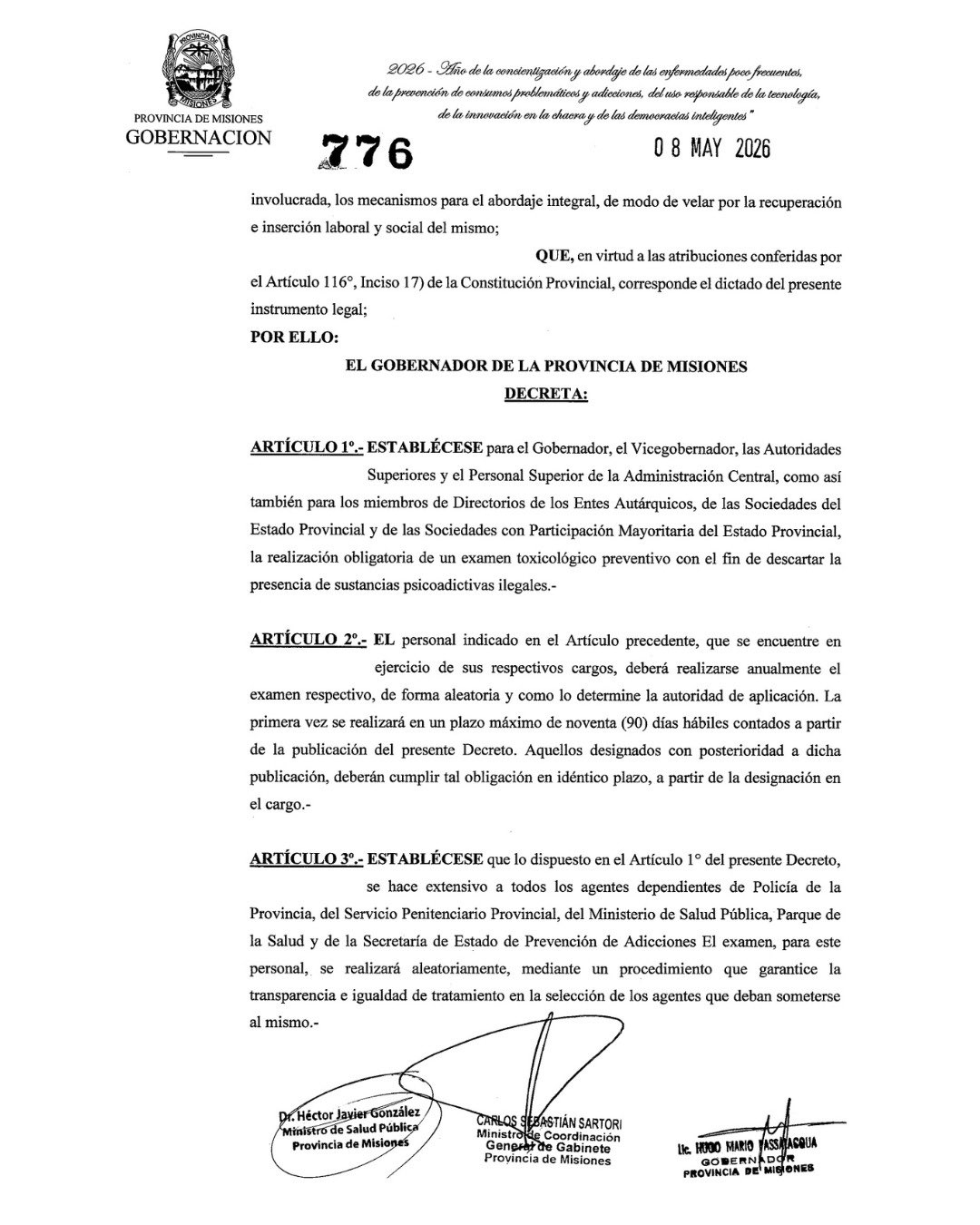 Misiones realizará controles toxicológicos anuales y aleatorios a funcionarios 3