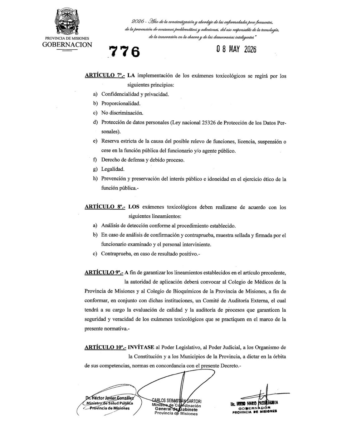 Misiones realizará controles toxicológicos anuales y aleatorios a funcionarios 5
