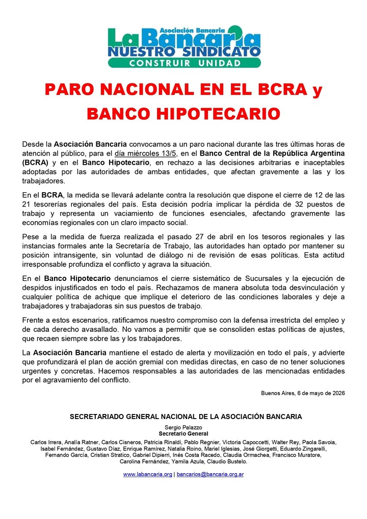 El 13 de mayo habrá paro bancario nacional 2