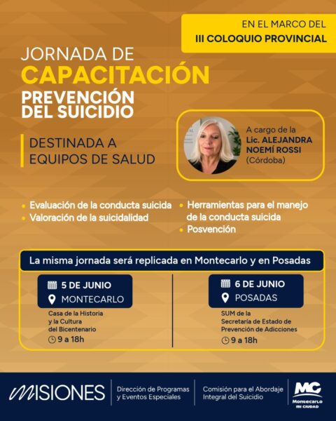Realizarán jornadas de formación en prevención del suicidio en Montecarlo y Posadas 2