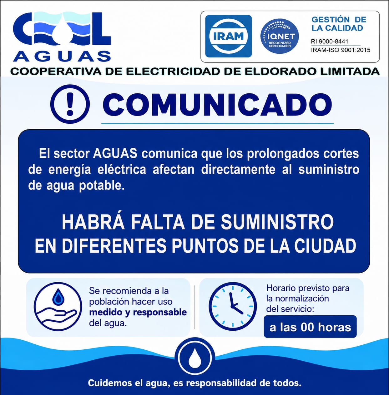 Agua potable: Habrá falta de suministro en diferentes puntos de Eldorado 2