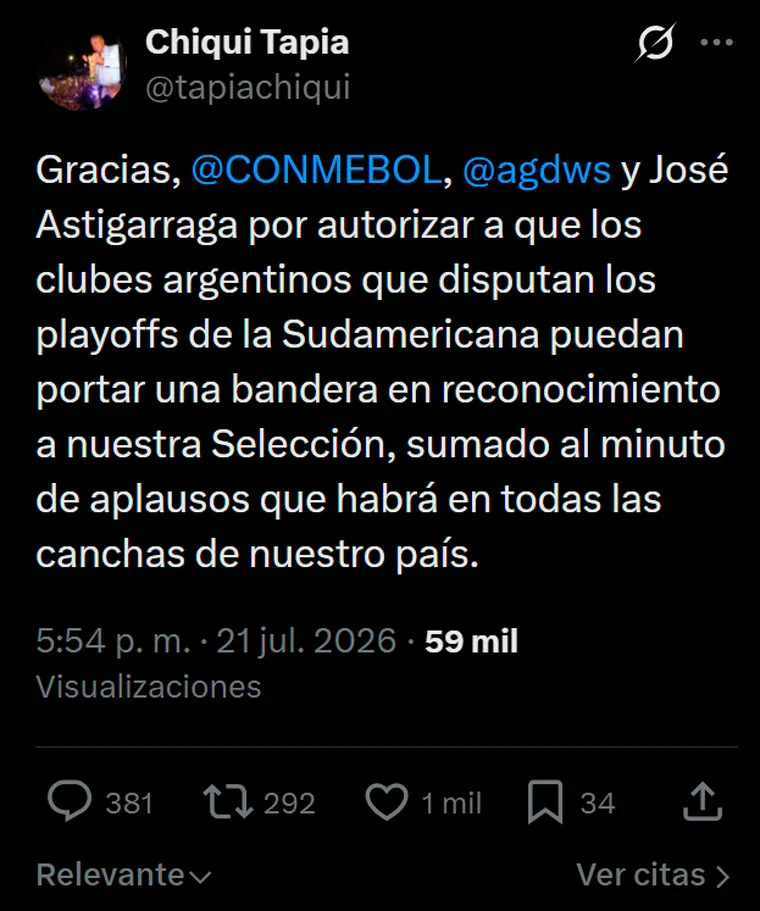 Chiqui Tapia anunció un homenaje para la Selección en el fútbol argentino y la Conmebol se plegó 3