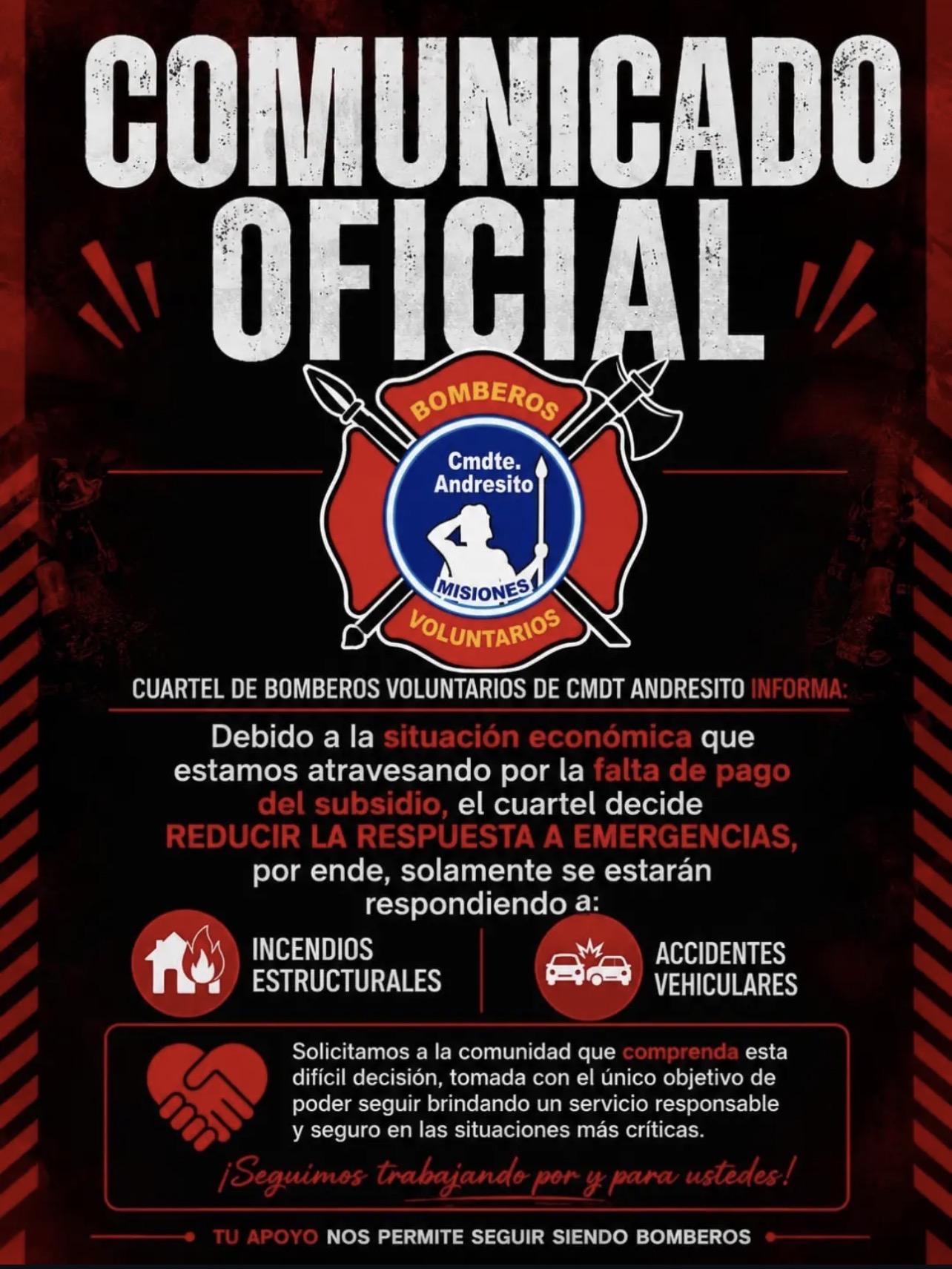 Bomberos de Andresito restringen la atención de emergencias por falta de fondos nacionales 2