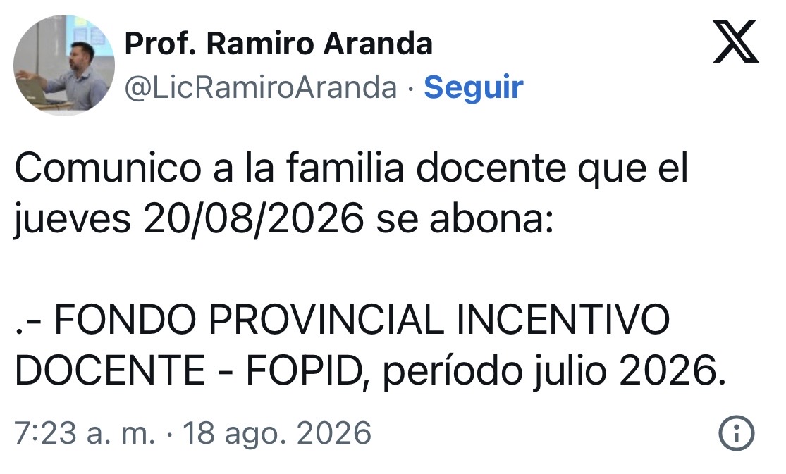 Docentes misioneros cobrarán este jueves el Fopid correspondiente a julio 2