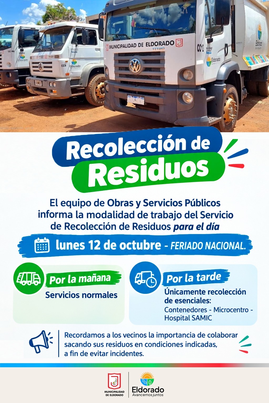 Eldorado: cronograma diferenciado para la recolección de residuos por el feriado del lunes 12 de octubre 2