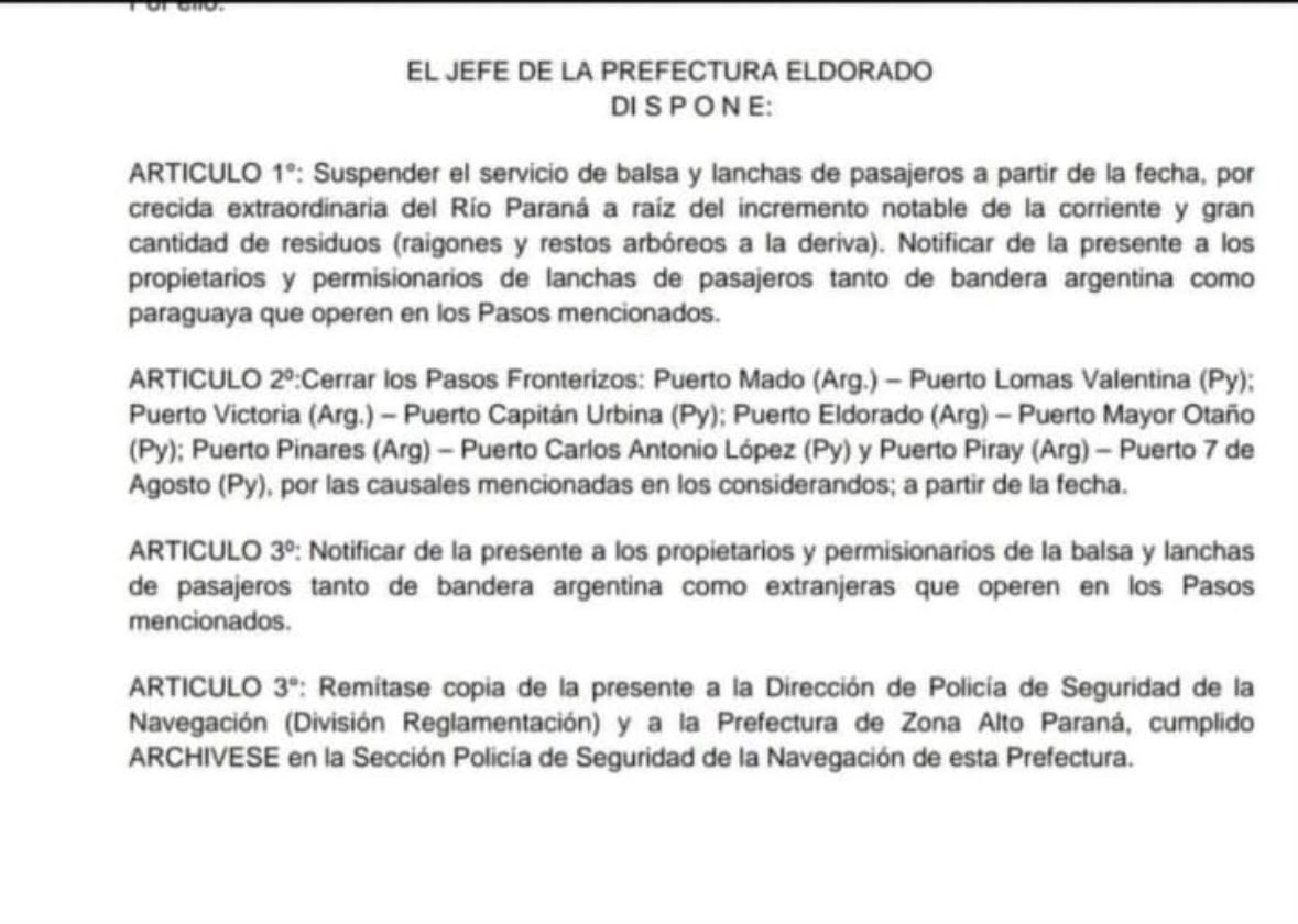 Prefectura suspendió el servicio de balsa y lanchas en Eldorado y la zona norte por la crecida del río Paraná 2